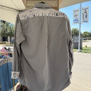 CHANEL scarf on a Light Gray Button-Up Shirt